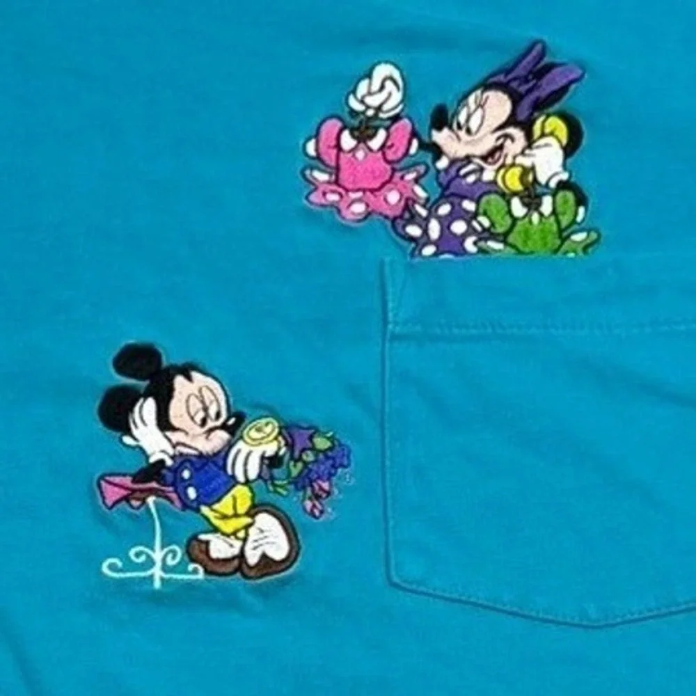 Vintage Disney Store Mickey Minnie Mouse Embroidered Pocket TShirt Teal Blue XXL